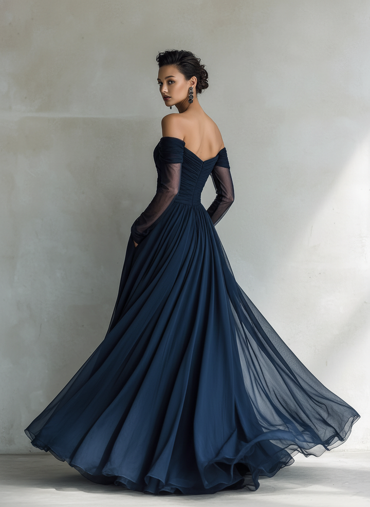Elegante Aansluitende Maxi Jurk van Donkerblauwe Organza Chiffon met Lange Mouwen en Schoudervrij voor Vrouwen