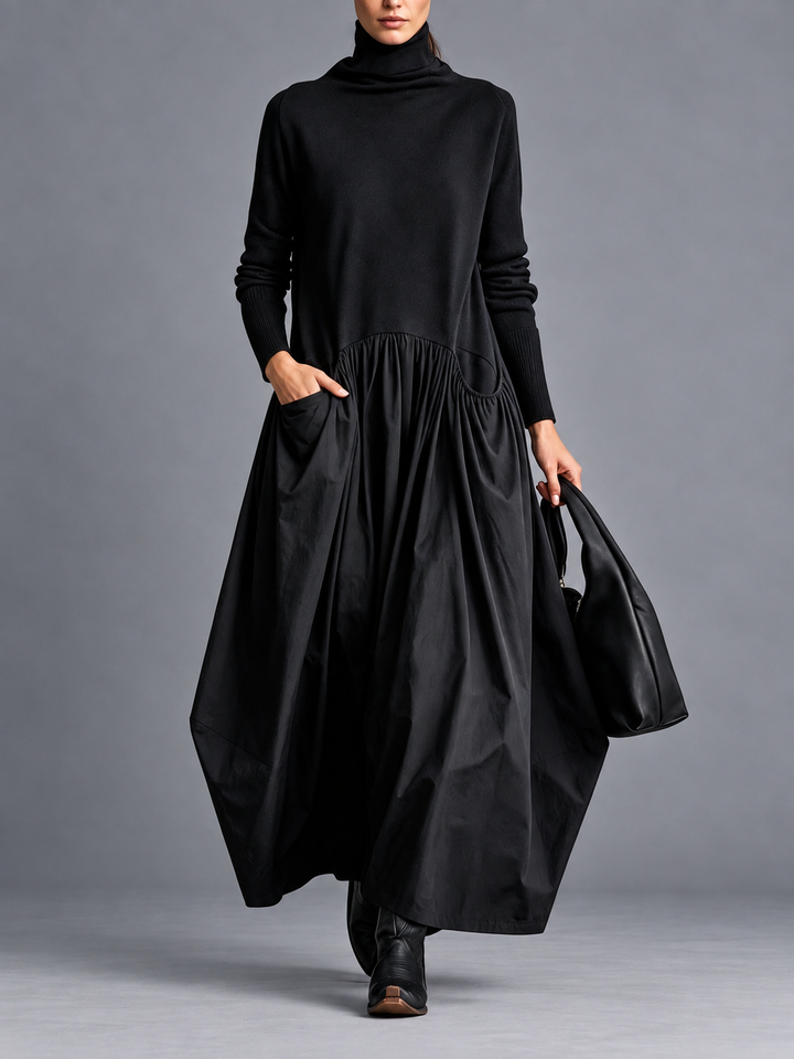 Odette | Maxi Zwarte Oversized Jurk met Hoge Kraag