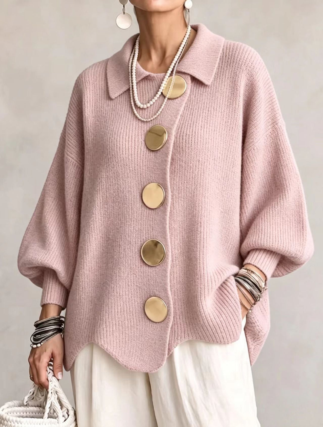 Isadora | Oversized Cardigan met Kraag en Grote Metalen Knopen