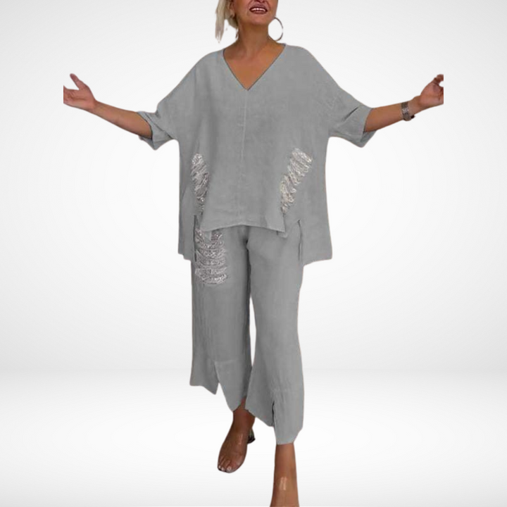 Briella™ Elegante Twee-Delige Zomer Set | V-Hals Top en Wijde Broek