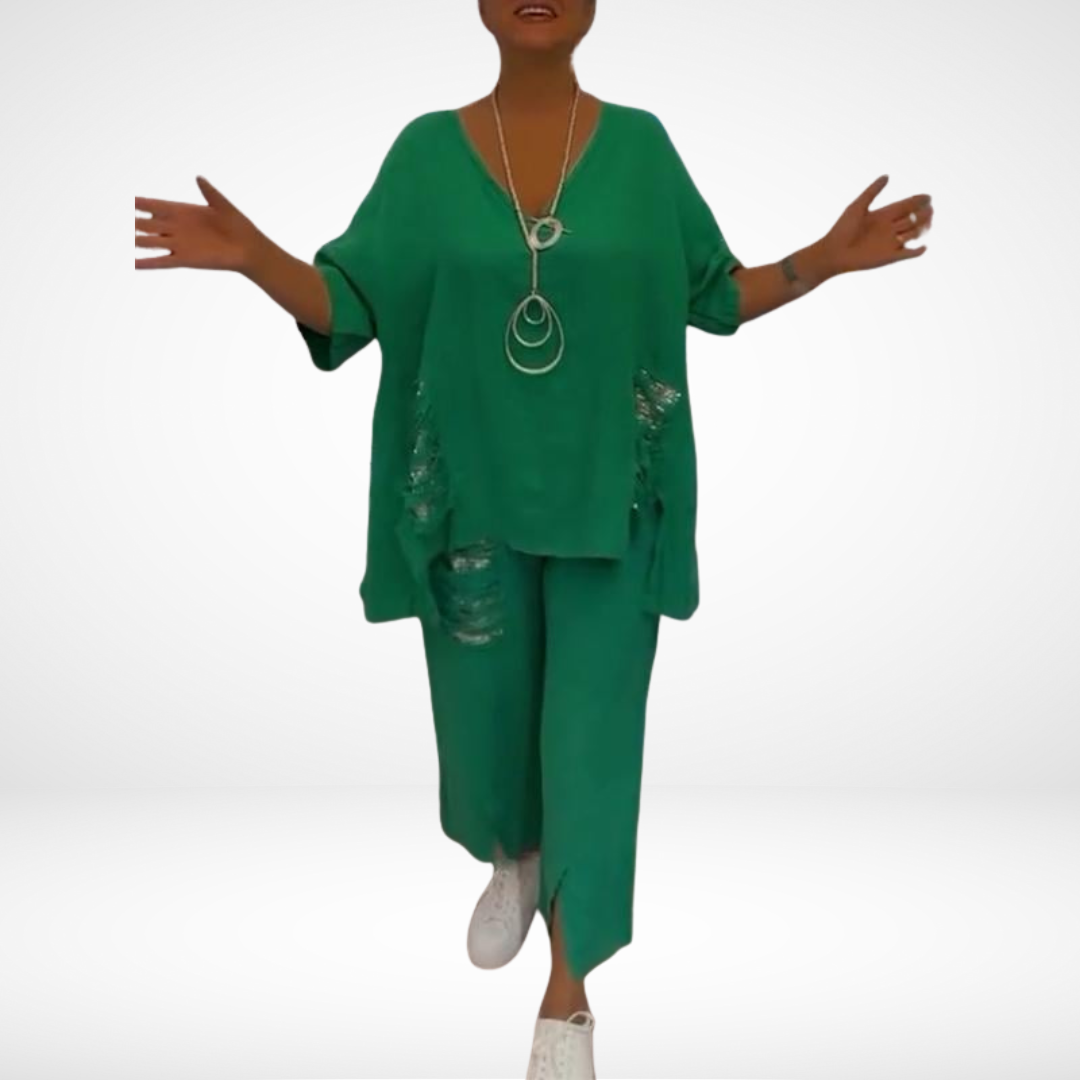 Briella™ Elegante Twee-Delige Zomer Set | V-Hals Top en Wijde Broek