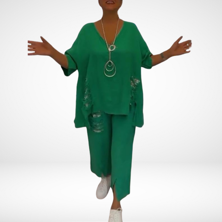 Briella™ Elegante Twee-Delige Zomer Set | V-Hals Top en Wijde Broek