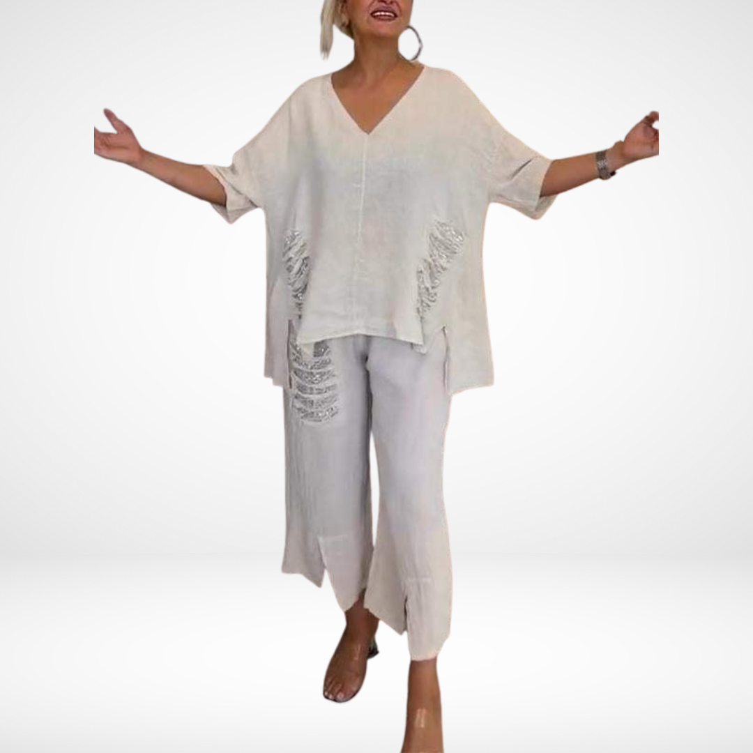 Briella™ Elegante Twee-Delige Zomer Set | V-Hals Top en Wijde Broek