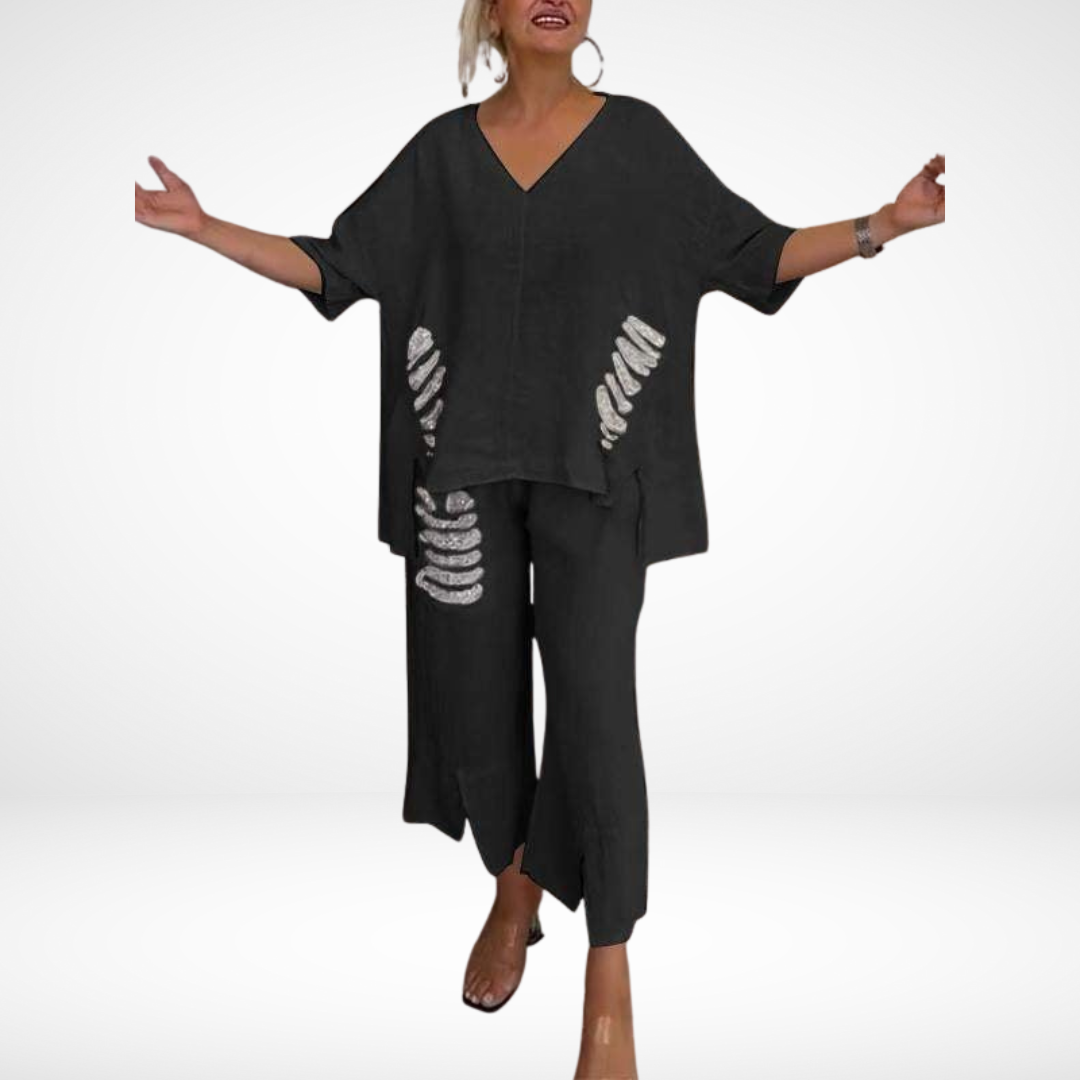 Briella™ Elegante Twee-Delige Zomer Set | V-Hals Top en Wijde Broek