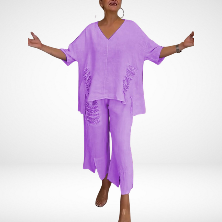 Briella™ Elegante Twee-Delige Zomer Set | V-Hals Top en Wijde Broek