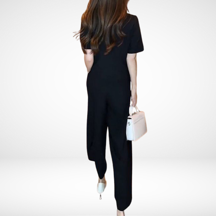 Elsie™ Elegante Korte Mouwen Twee-delige Set | V-hals Top en Wijde Broek