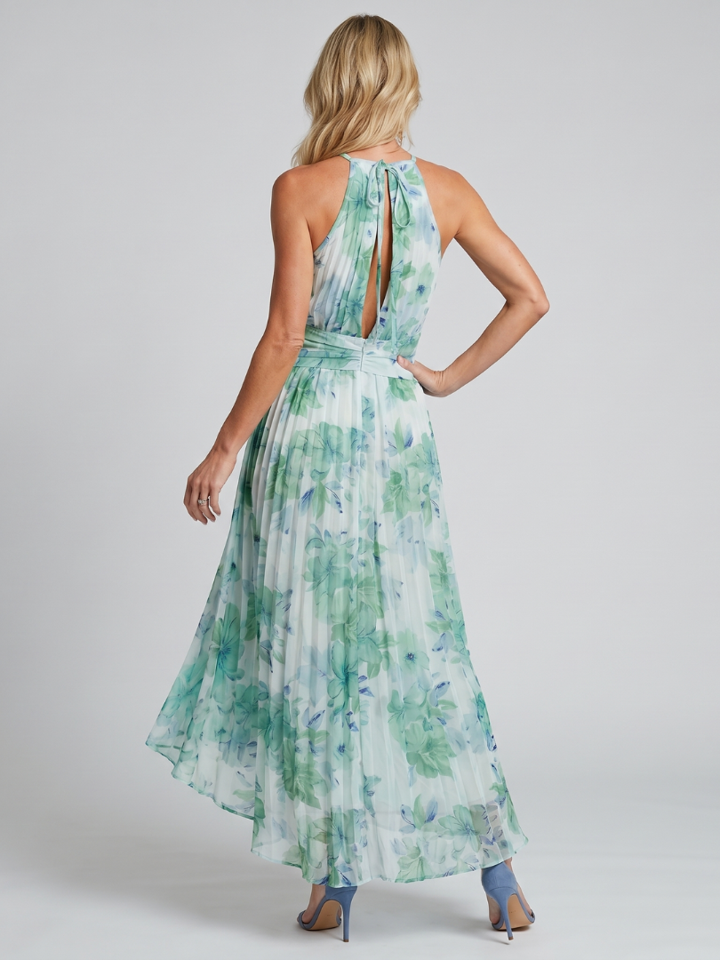Portia | Geplooide Halter Midi-jurk met Zacht Bloemenpatroon