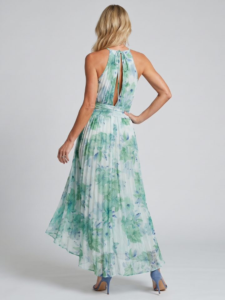 Portia | Geplooide Halter Midi-jurk met Zacht Bloemenpatroon