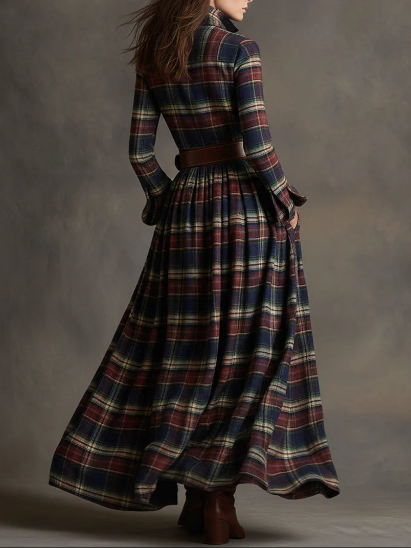 Retro geruite revers lange mouwen maxi jurk (inclusief riem)