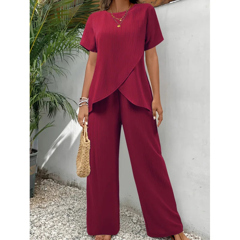 Lorrina™ Elegante Zachte Twee-Piece Set | Asymmetrische Blouse en Relaxed Pants
