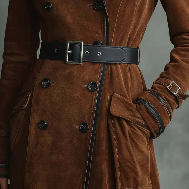 Georgette | Lange trenchcoat met suède-effect en riem