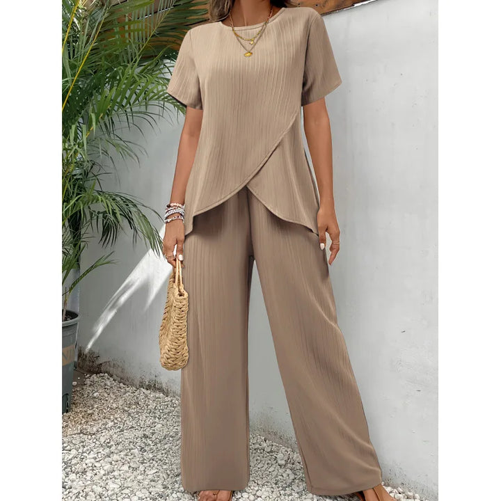 Lorrina™ Elegante Zachte Twee-Piece Set | Asymmetrische Blouse en Relaxed Pants
