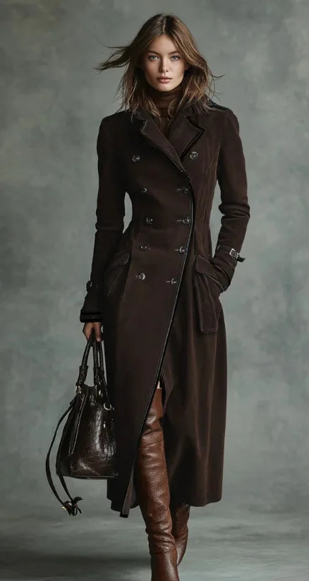 Georgette | Lange trenchcoat met suède-effect en riem