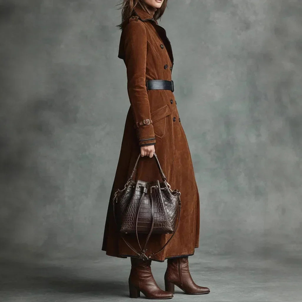 Georgette | Lange trenchcoat met suède-effect en riem