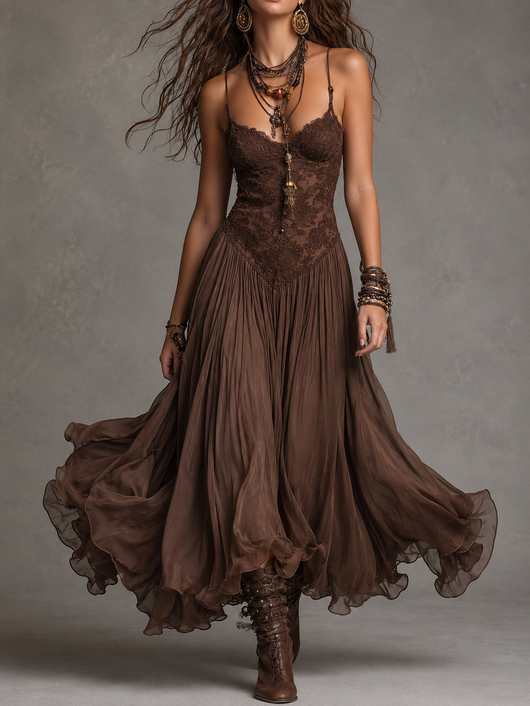 Donkerbruine Chiffon Maxi-jurk met Kantpanelen