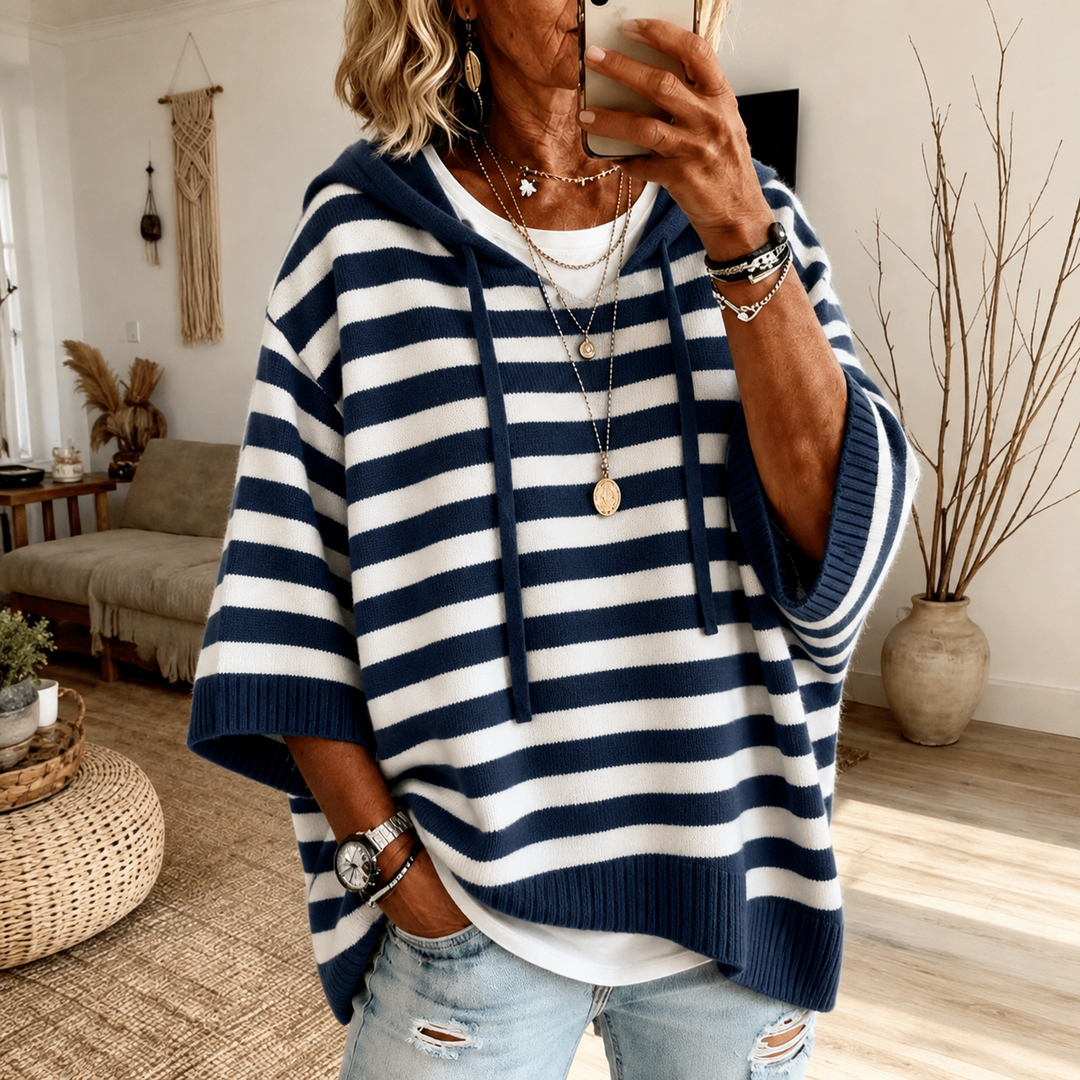 Marine – Marineblauwe Gestreepte Poncho Sweater