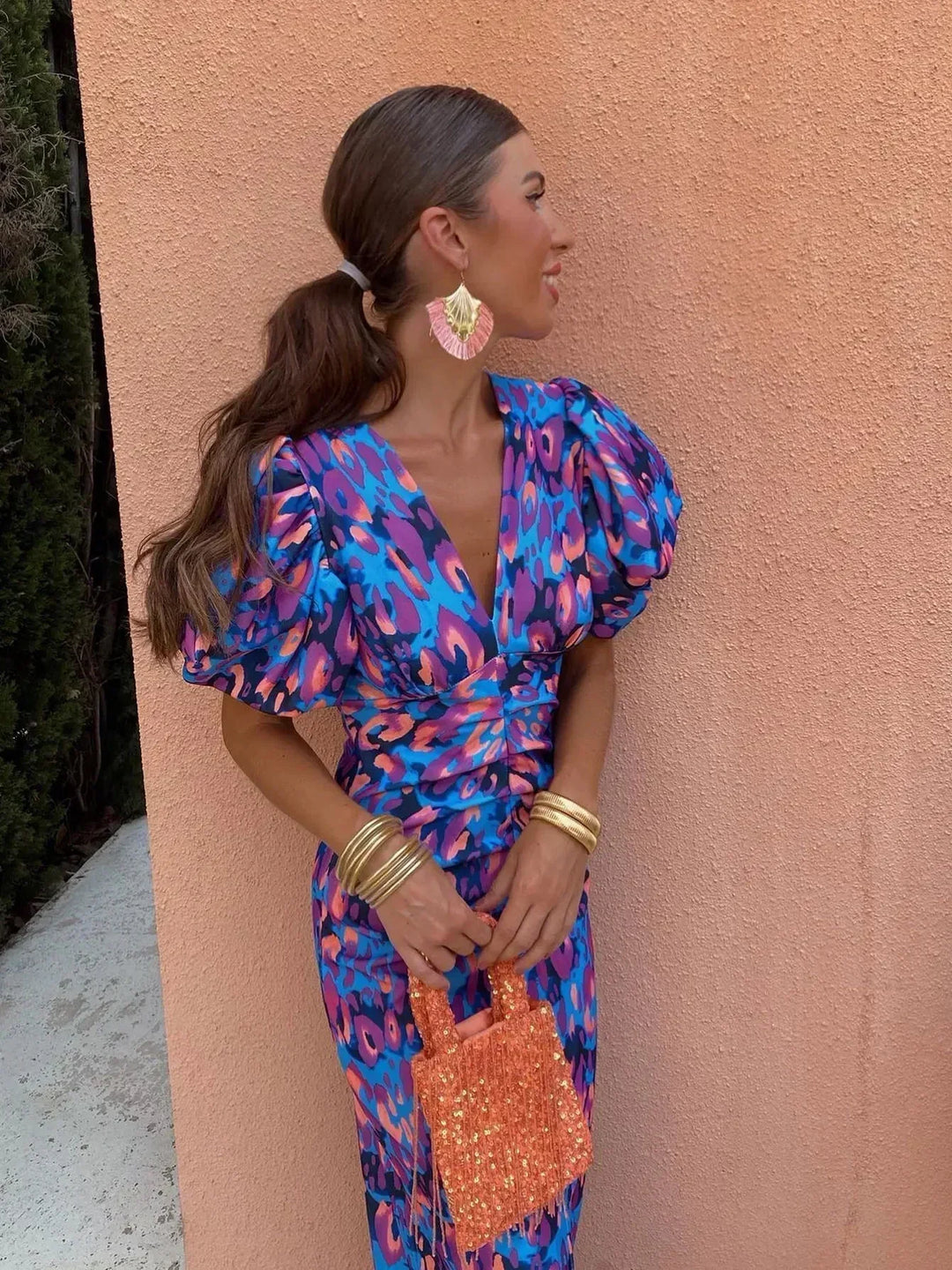Loren - Vibrant Midi Jurk met Bollende Mouwen