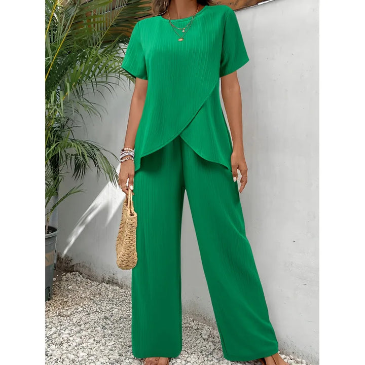 Lorrina™ Elegante Zachte Twee-Piece Set | Asymmetrische Blouse en Relaxed Pants