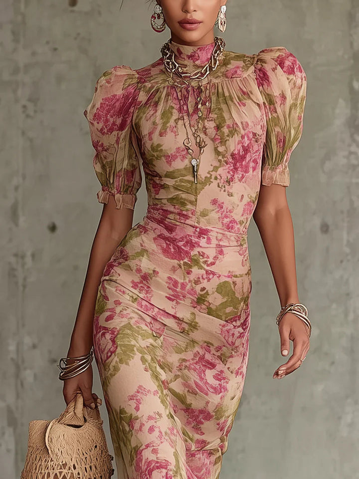 Fiora - Lange jurk met vintage rozenprint en pofmouwen