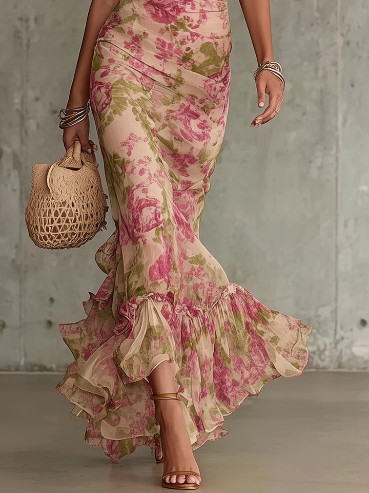 Fiora - Lange jurk met vintage rozenprint en pofmouwen