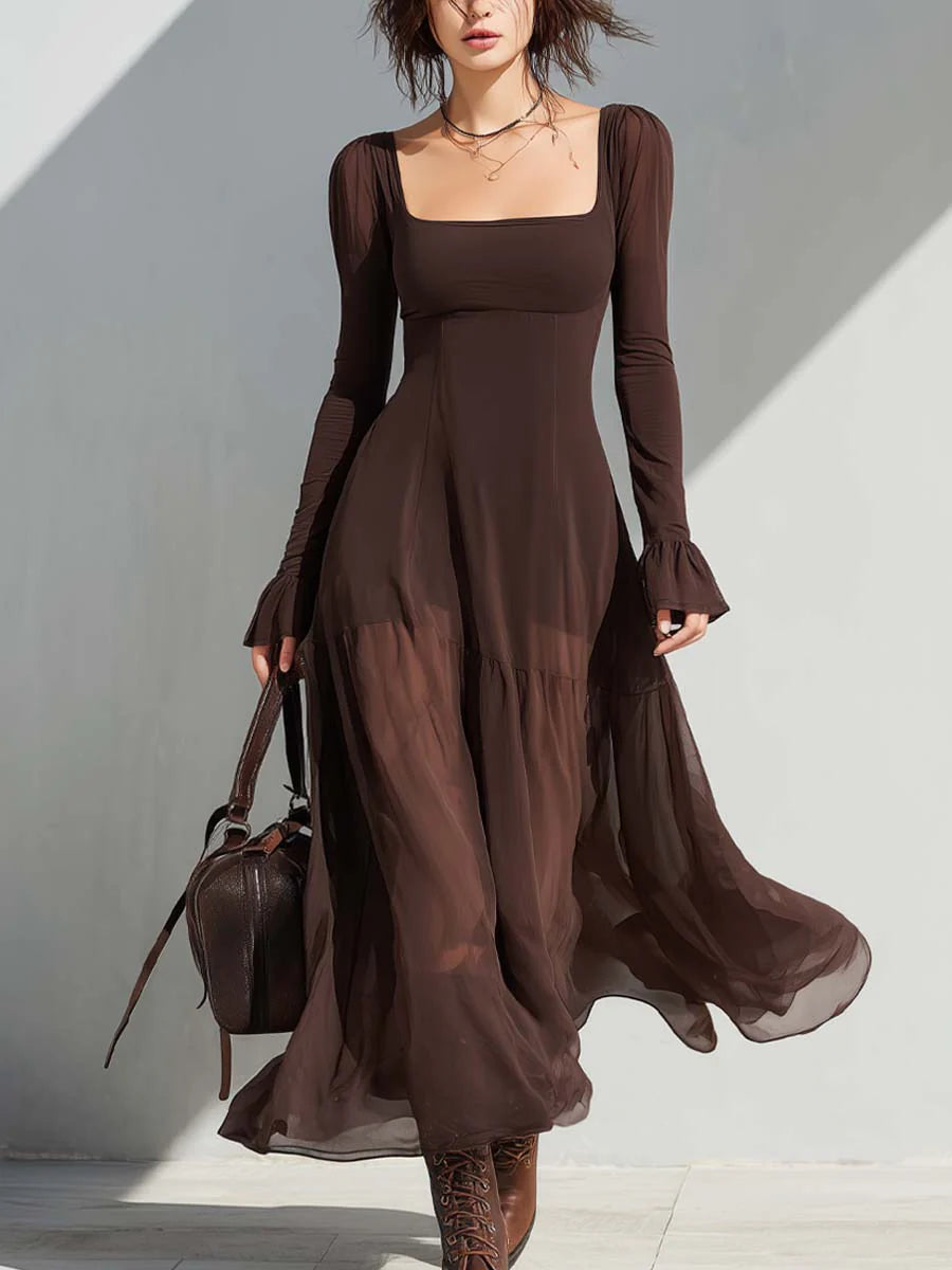 Vintage Vierkante Halsdoorbraak Mouwen Flare Midi Jurk