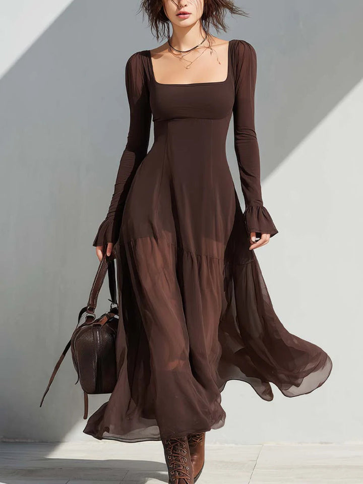 Vintage Vierkante Halsdoorbraak Mouwen Flare Midi Jurk