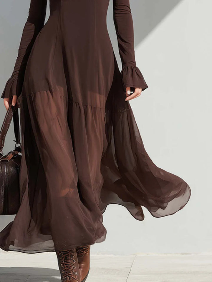 Vintage Vierkante Halsdoorbraak Mouwen Flare Midi Jurk