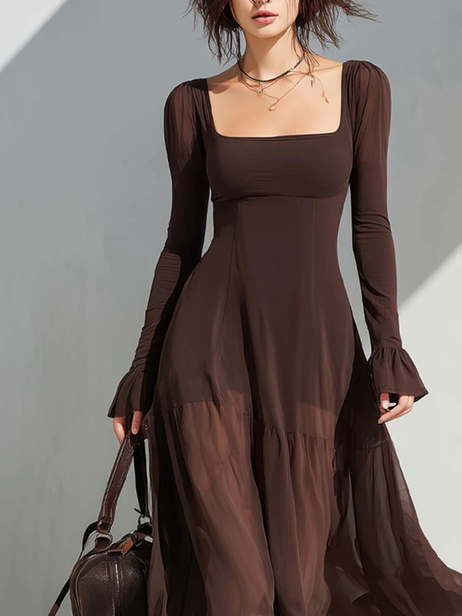 Vintage Vierkante Halsdoorbraak Mouwen Flare Midi Jurk