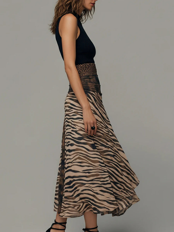 Vintage Zebra Print Patchwork Mouwloze Midi Jurk