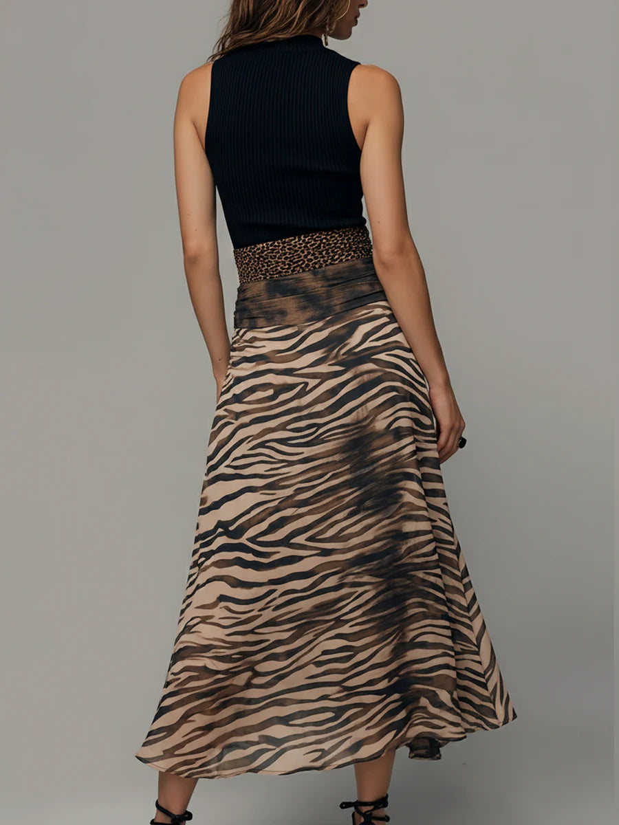 Vintage Zebra Print Patchwork Mouwloze Midi Jurk
