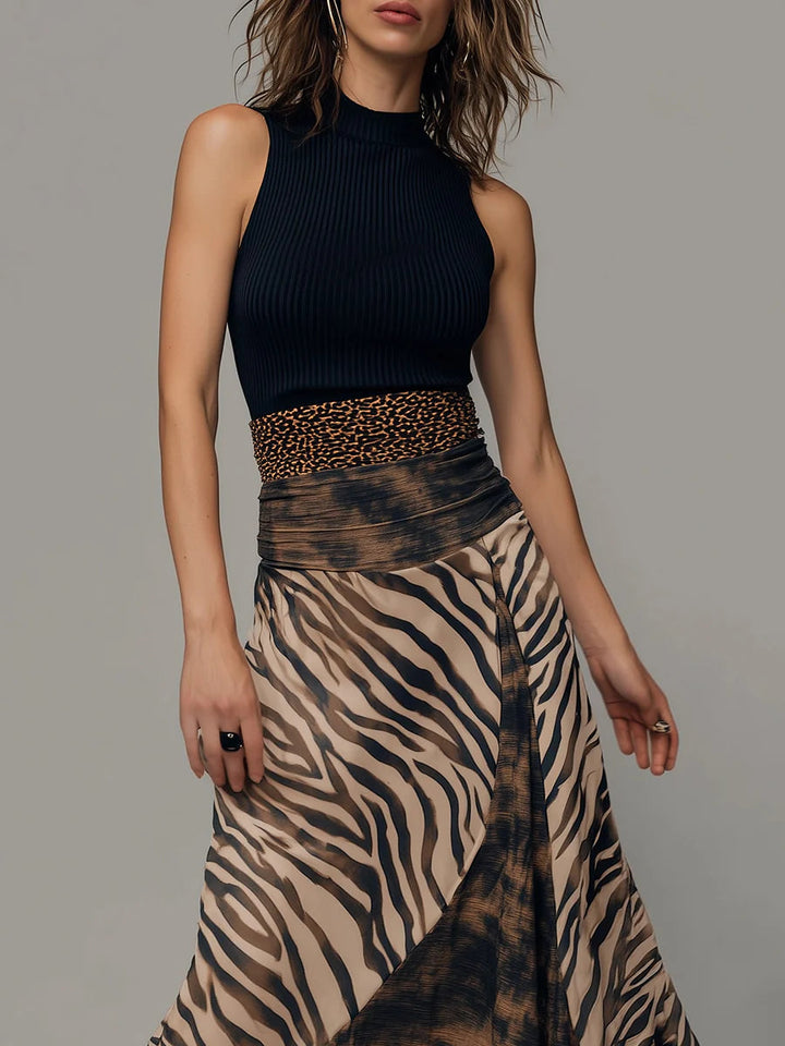 Vintage Zebra Print Patchwork Mouwloze Midi Jurk