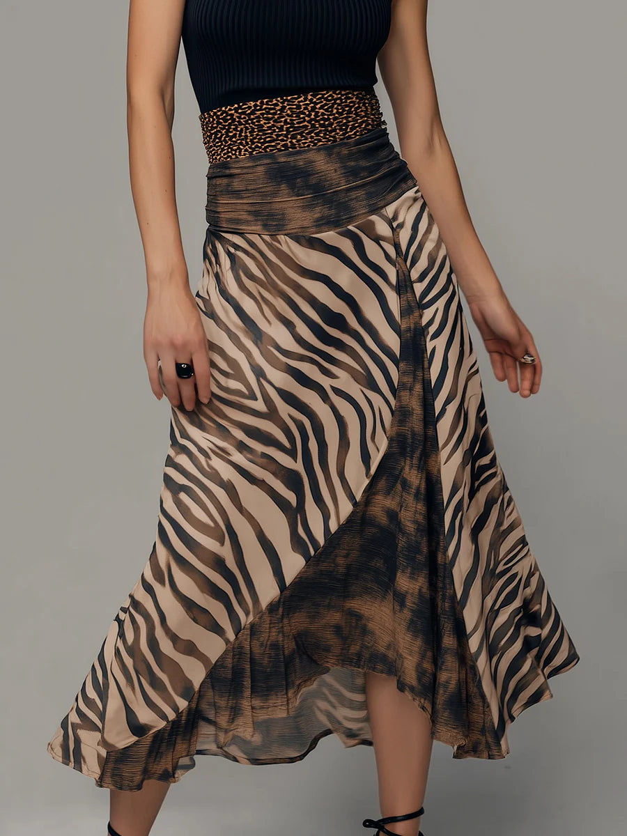 Vintage Zebra Print Patchwork Mouwloze Midi Jurk