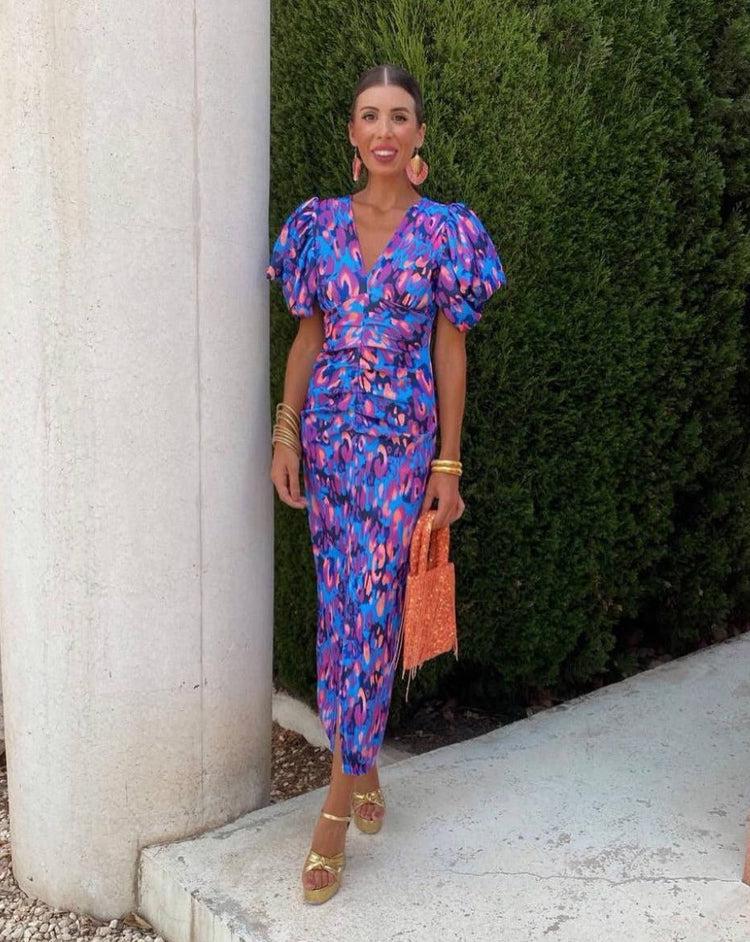 Loren - Vibrant Midi Jurk met Bollende Mouwen