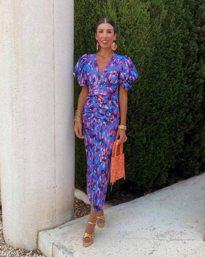 Loren - Vibrant Midi Jurk met Bollende Mouwen