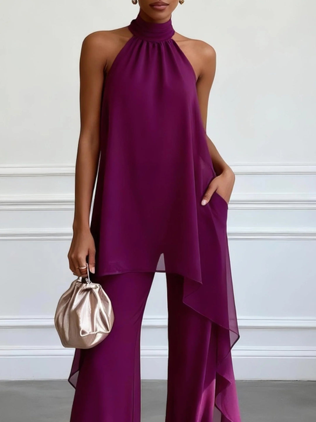 Paarse Halter Mouwloze Elegante Top Met Broek Twee-delige Set