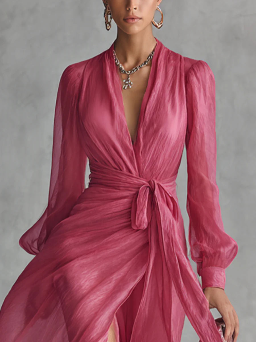 Elegante Roze Chiffon V-hals Tailleband Lange Jurk