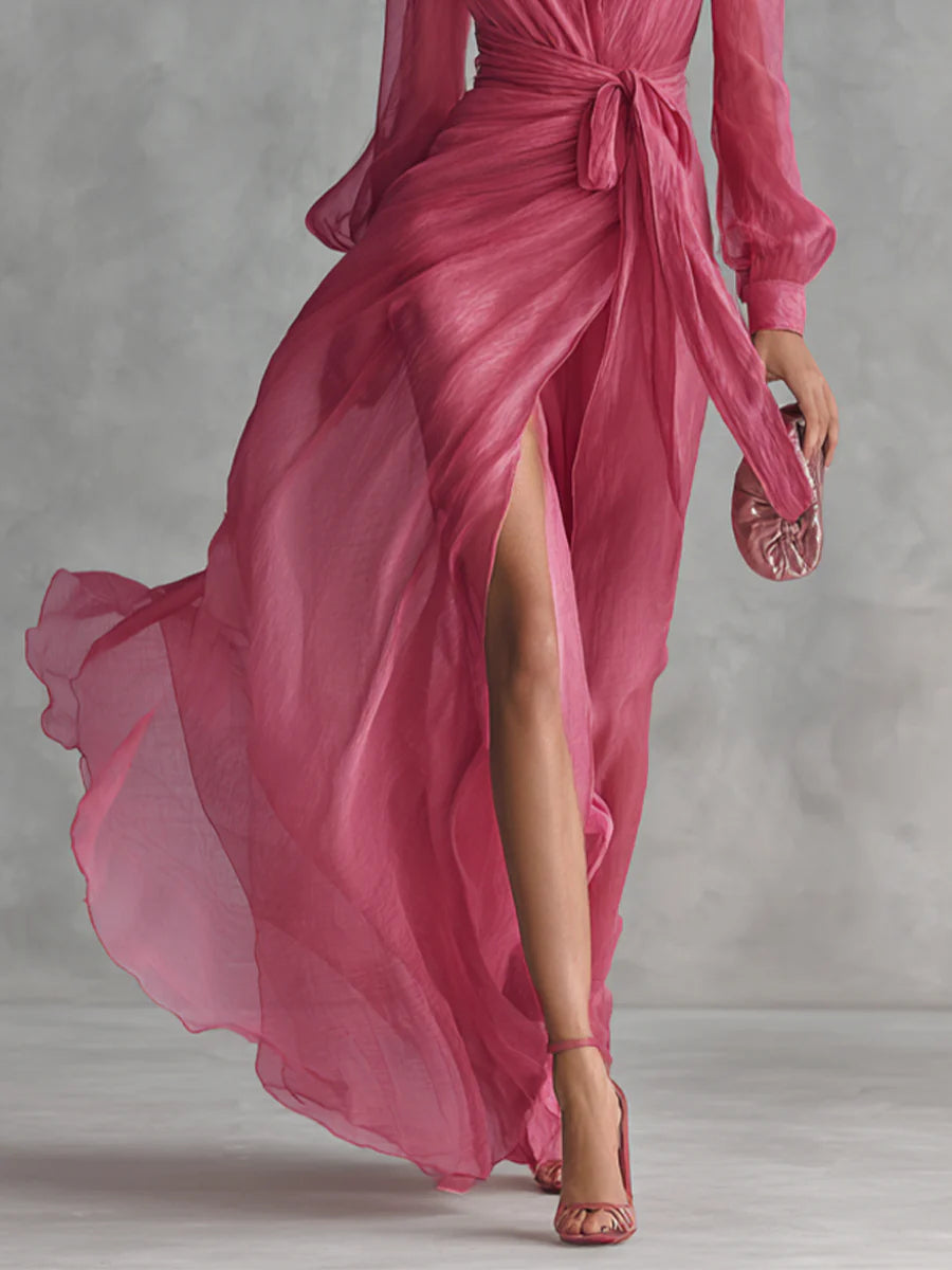 Elegante Roze Chiffon V-hals Tailleband Lange Jurk