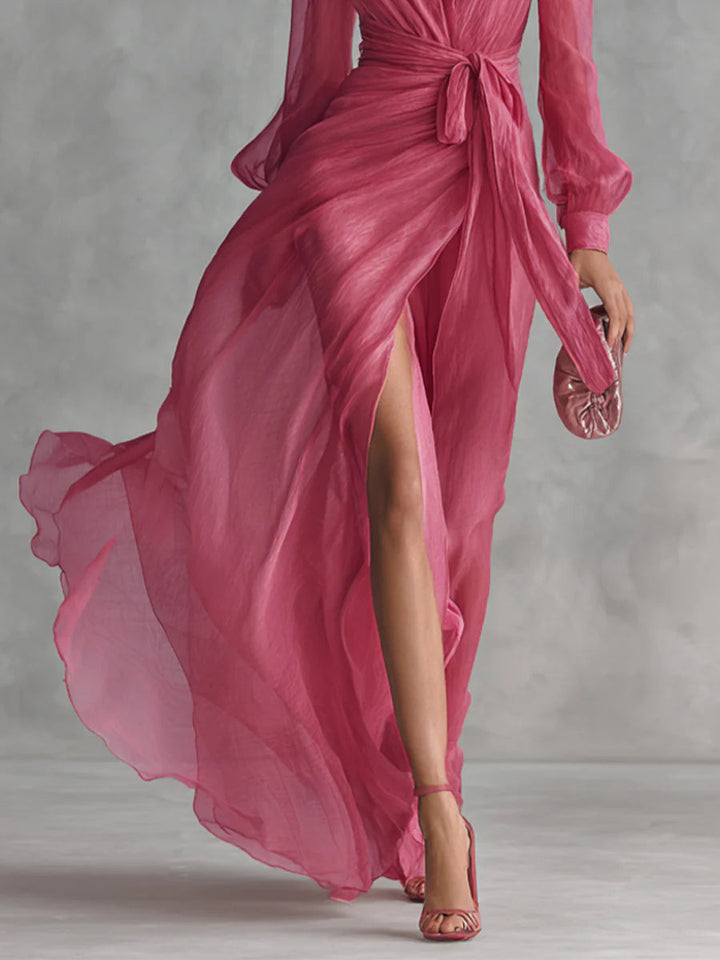 Elegante Roze Chiffon V-hals Tailleband Lange Jurk