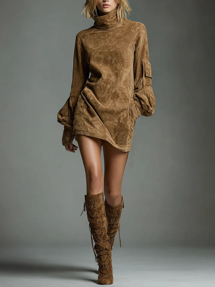 Bibiane | Mini Jurk Oversized in Suède met Hoge Hals