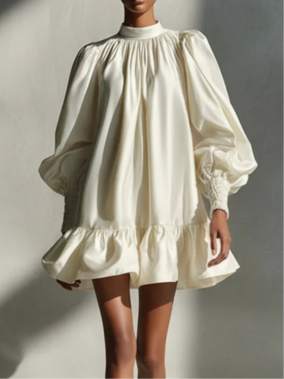 Beige Satijnen Puff Mouw Ruffle Mini Jurk