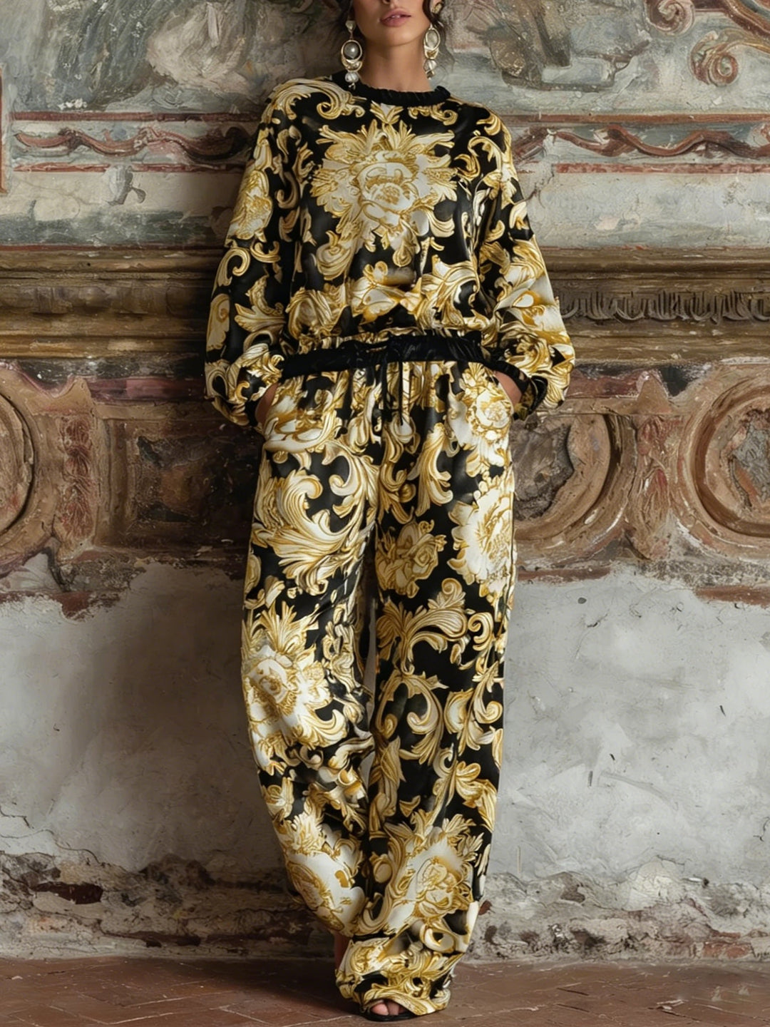 Barok Bloemenprint Lange Mouwen Top En Brede Pijpen Broek Loungewear Set