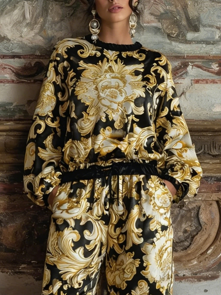 Barok Bloemenprint Lange Mouwen Top En Brede Pijpen Broek Loungewear Set