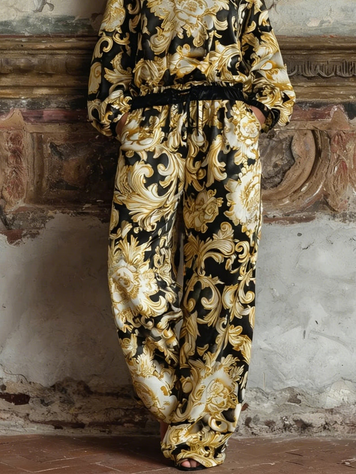 Barok Bloemenprint Lange Mouwen Top En Brede Pijpen Broek Loungewear Set