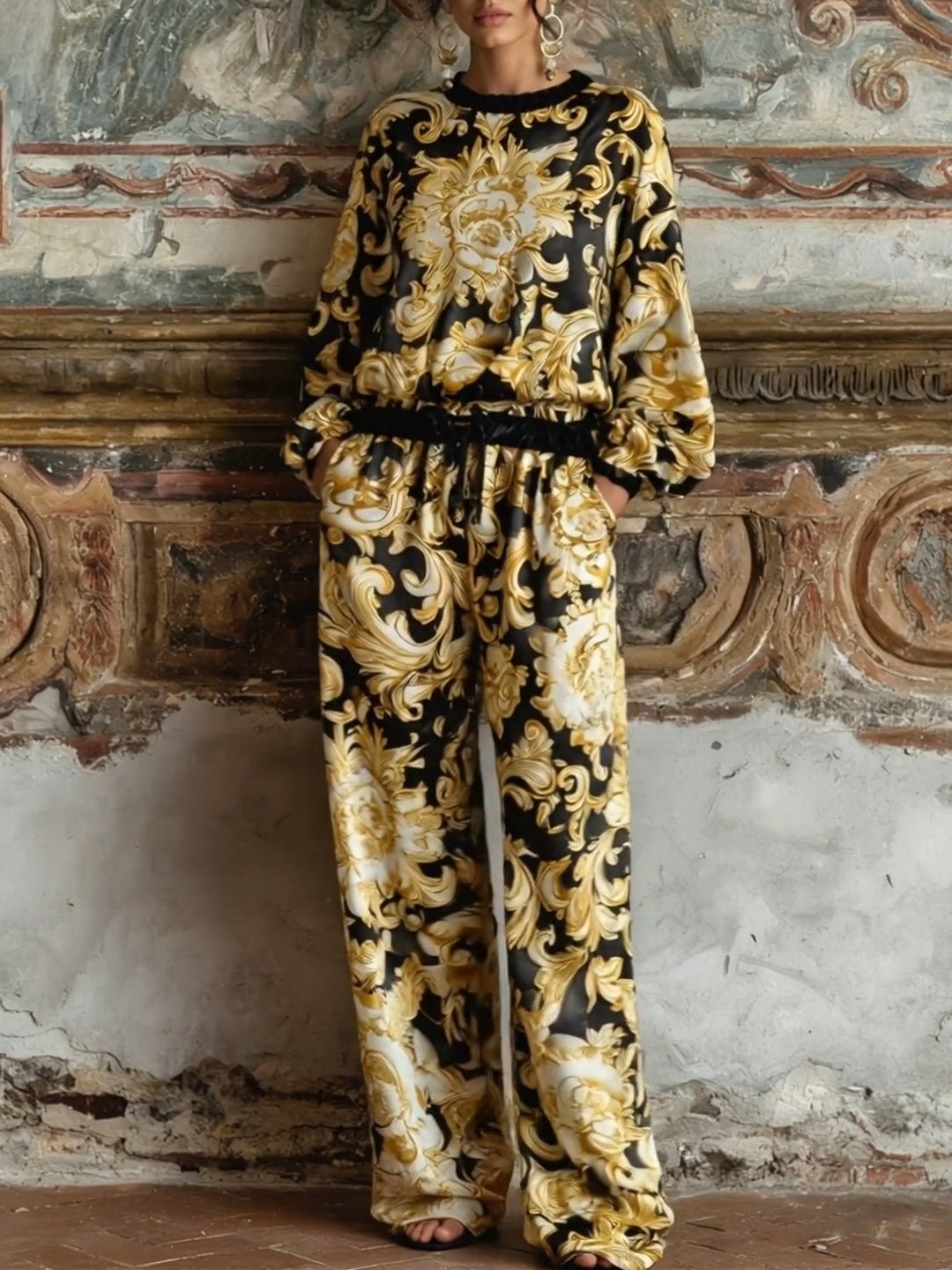 Barok Bloemenprint Lange Mouwen Top En Brede Pijpen Broek Loungewear Set