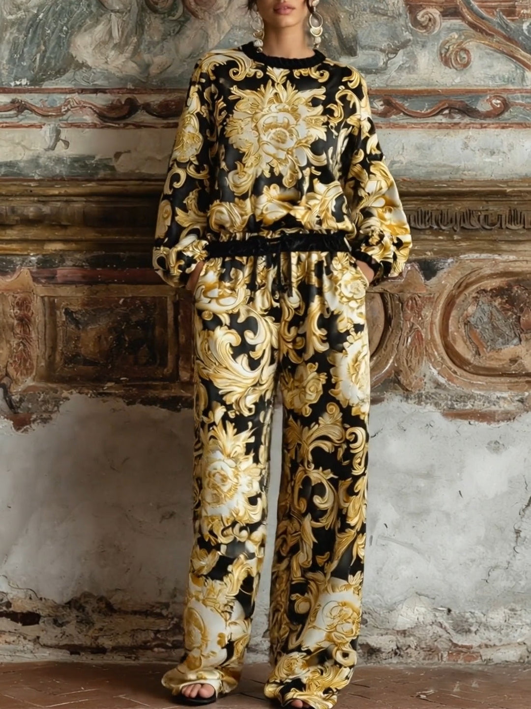 Barok Bloemenprint Lange Mouwen Top En Brede Pijpen Broek Loungewear Set