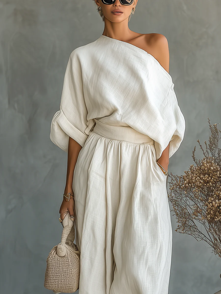 Off-white Linnen Off-shoulder Losse Casual Top En Tapered Broek Set