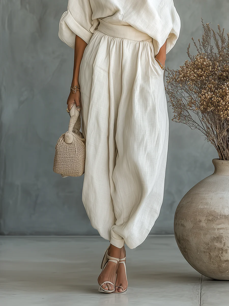 Off-white Linnen Off-shoulder Losse Casual Top En Tapered Broek Set