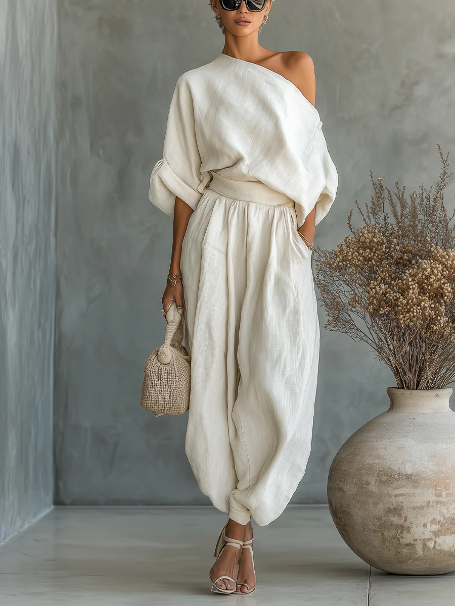 Off-white Linnen Off-shoulder Losse Casual Top En Tapered Broek Set