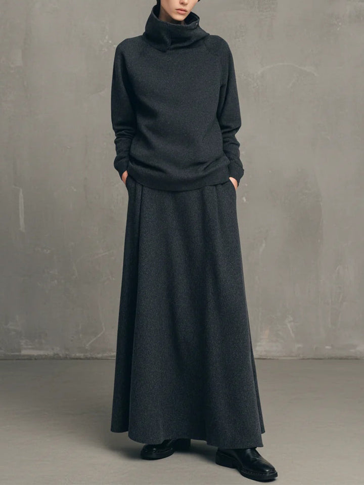 Houtskoolgrijs Air-layer Hoge Hals Top En Flared Lange Rok Set