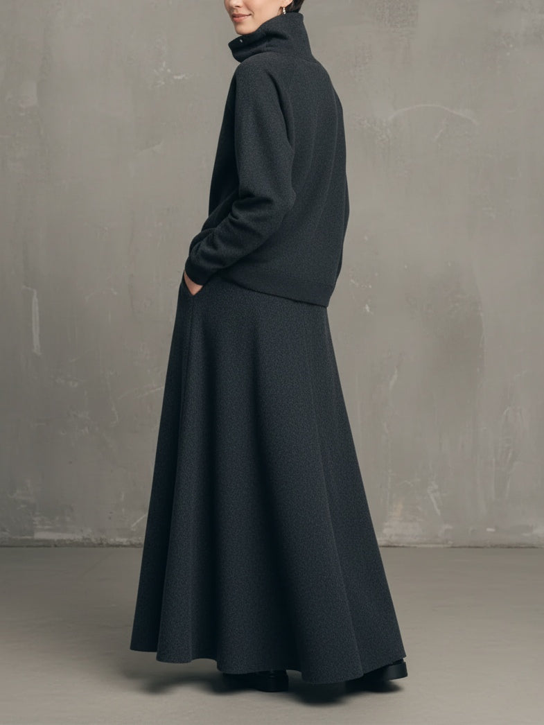 Houtskoolgrijs Air-layer Hoge Hals Top En Flared Lange Rok Set